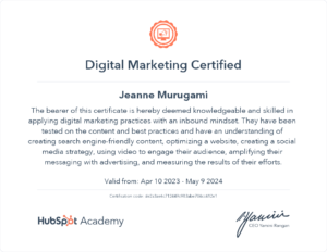 Hubspt Digital Marketer certificate example